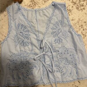 Light Blue Embroidered Lace-Up Blouse